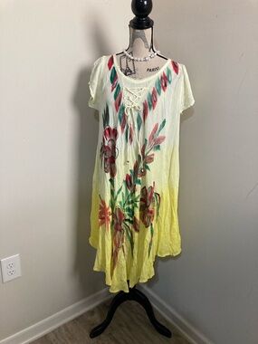Yellow Lace-Up Floral Ombre Midi Dress